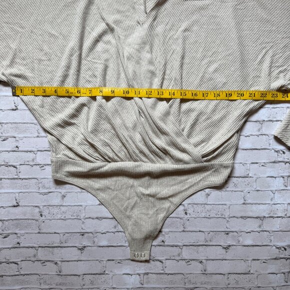 Express Beige Ribbed Wrap Bodysuit Top With Tie Waist Womens L - Picture 10 of 13